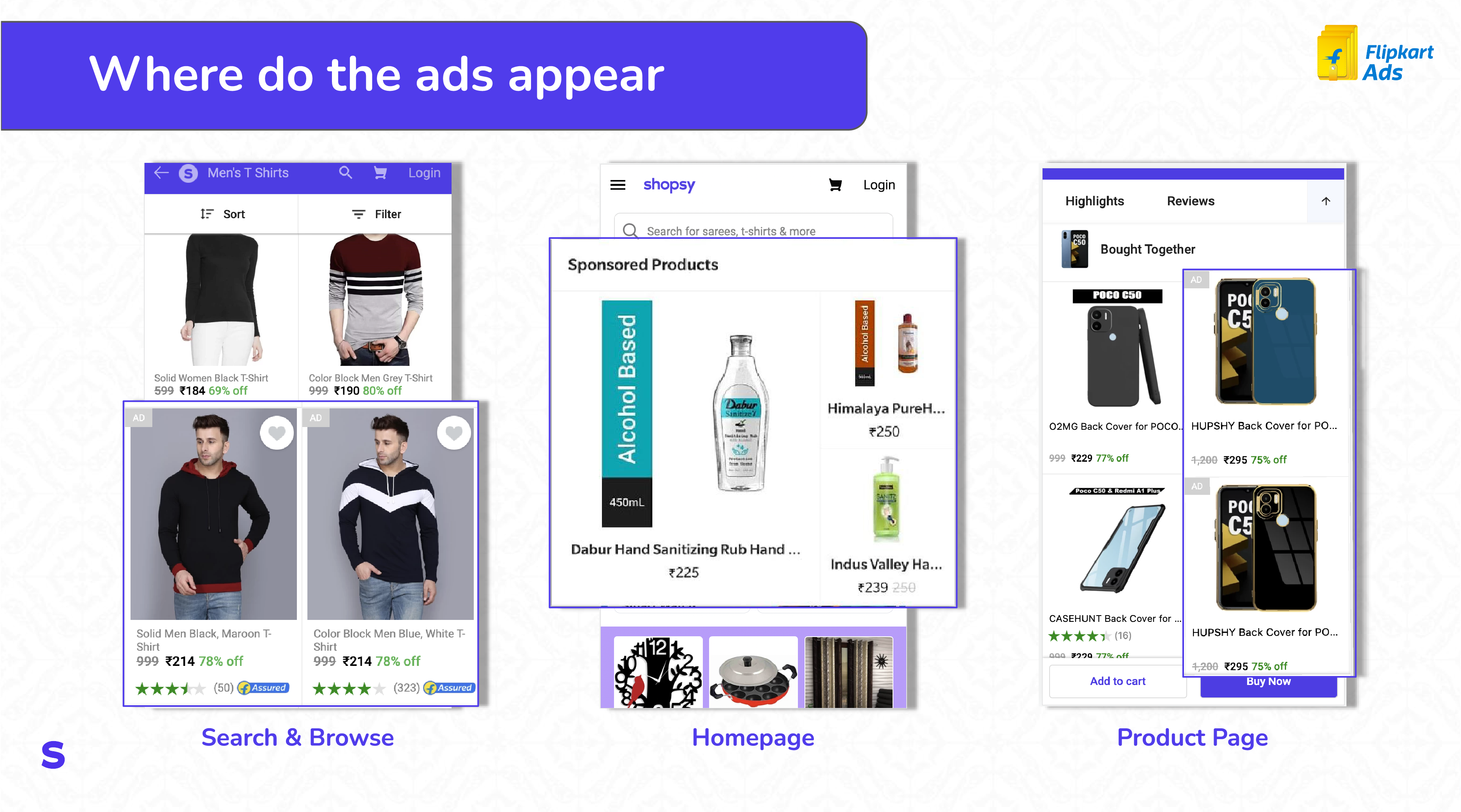 Screenshot of the Shopsy app & website displaying the designated area to insert the sponsored product listing advertisement.
